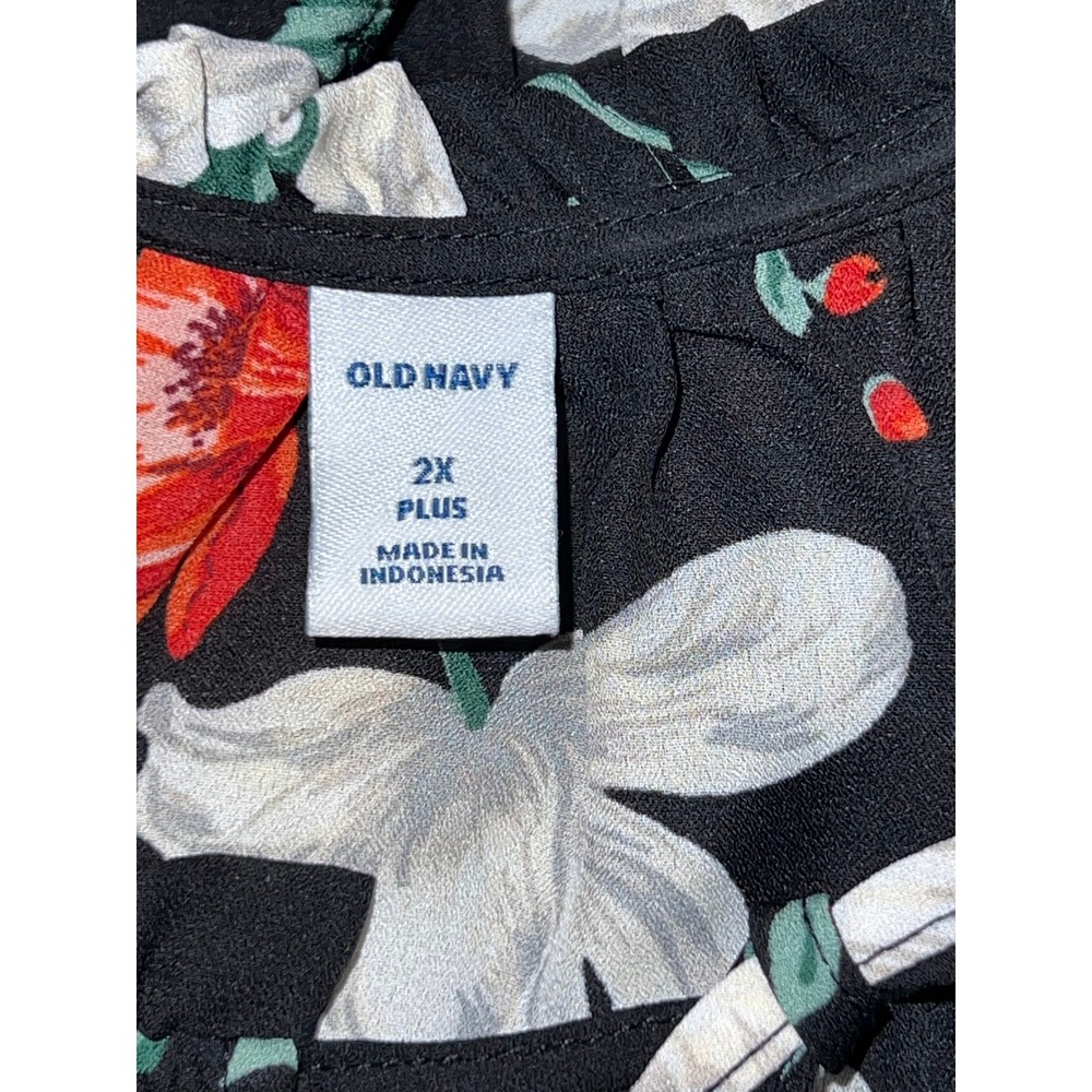 Old Navy Womens 2X Plus Black Floral Tie Neck Long Sleeve Peasant Blouse Top - Picture 8 of 9